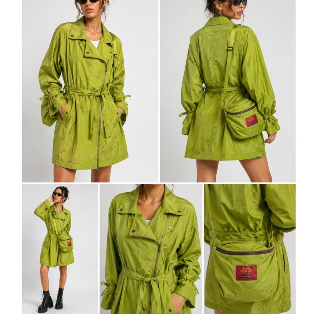 Vintage Sanyo Carol Cohen Trench Coat Chartreuse Nylon Moto Packable Bag Y2K M